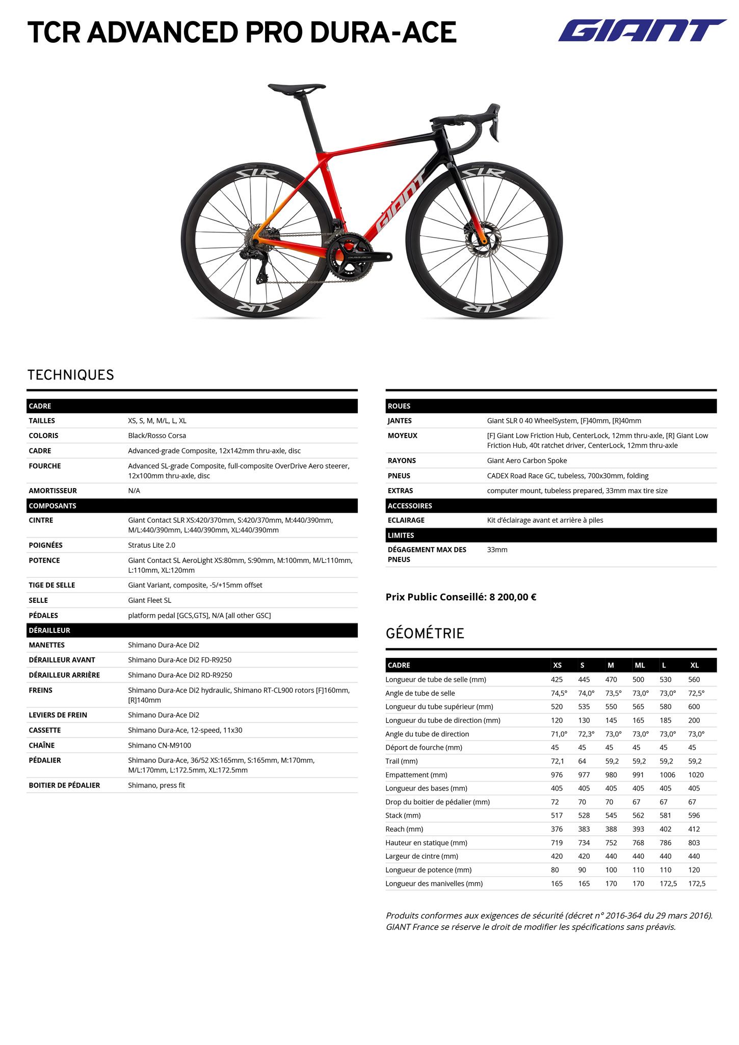 Fiche technique du velo TCR Advanced Pro Dura-Ace année 2026